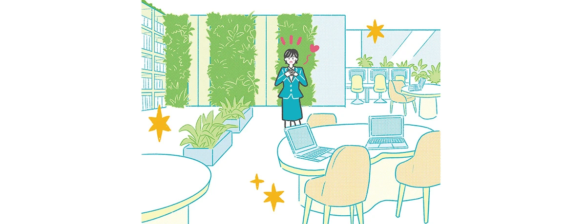 オフィスを見て感動する女性のイラスト
