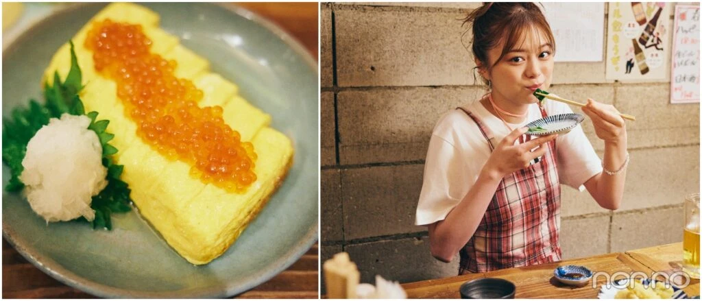 いくらののっただし巻き卵と、きゅうりを食べる紺野彩夏