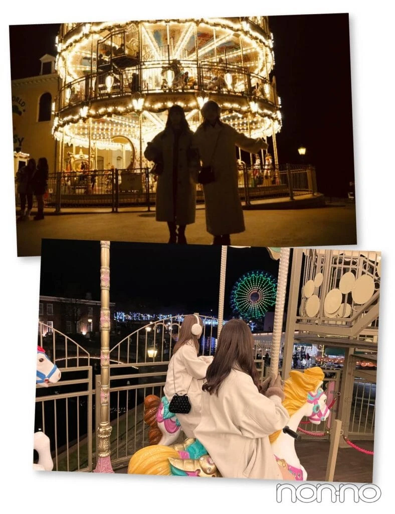 夜の「スカイカルーセル」の正面と中で撮った写真