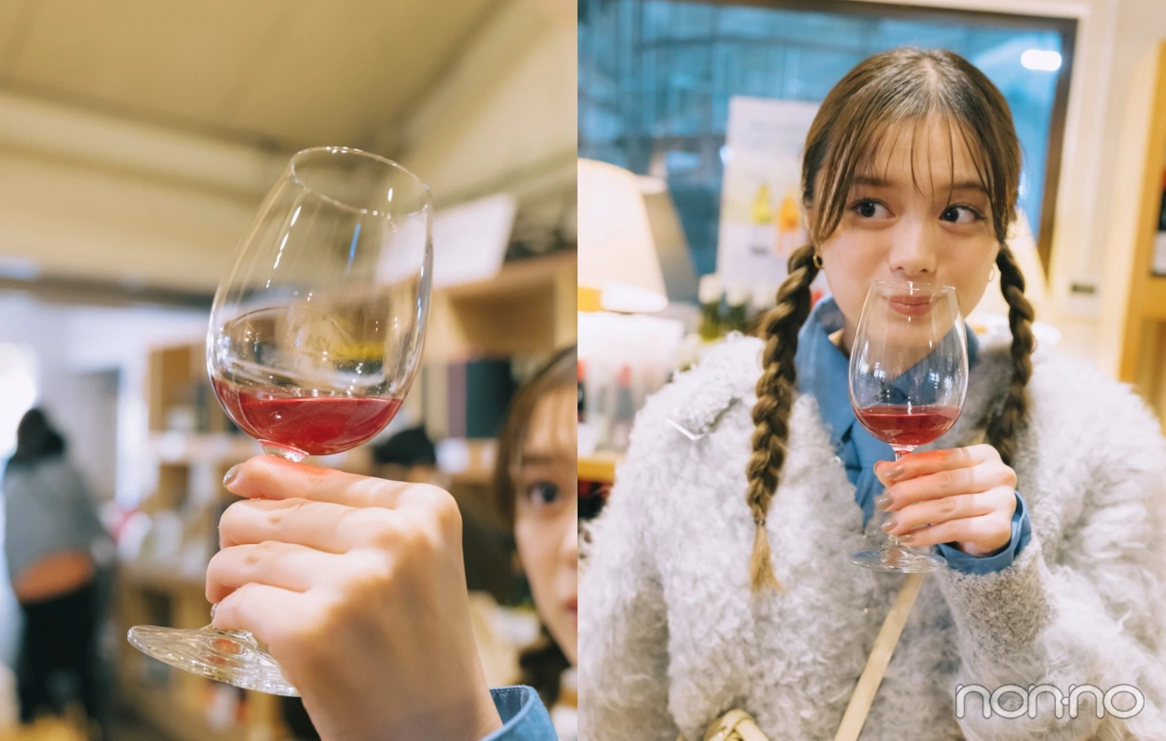 ワインを飲む紺野彩夏と赤ワインの入ったグラス