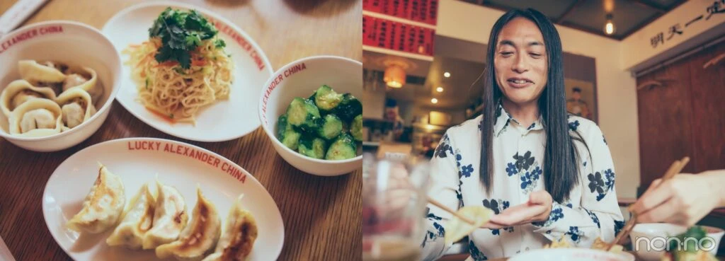 左から、餃子や干豆腐サラダ、きゅうりなどが並んだテーブル、食事をするLove Me Do