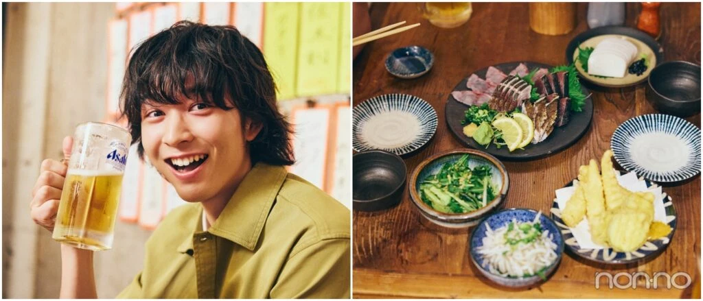 ビールを片手に笑う鈴木仁とテーブルに並んだ料理の数々