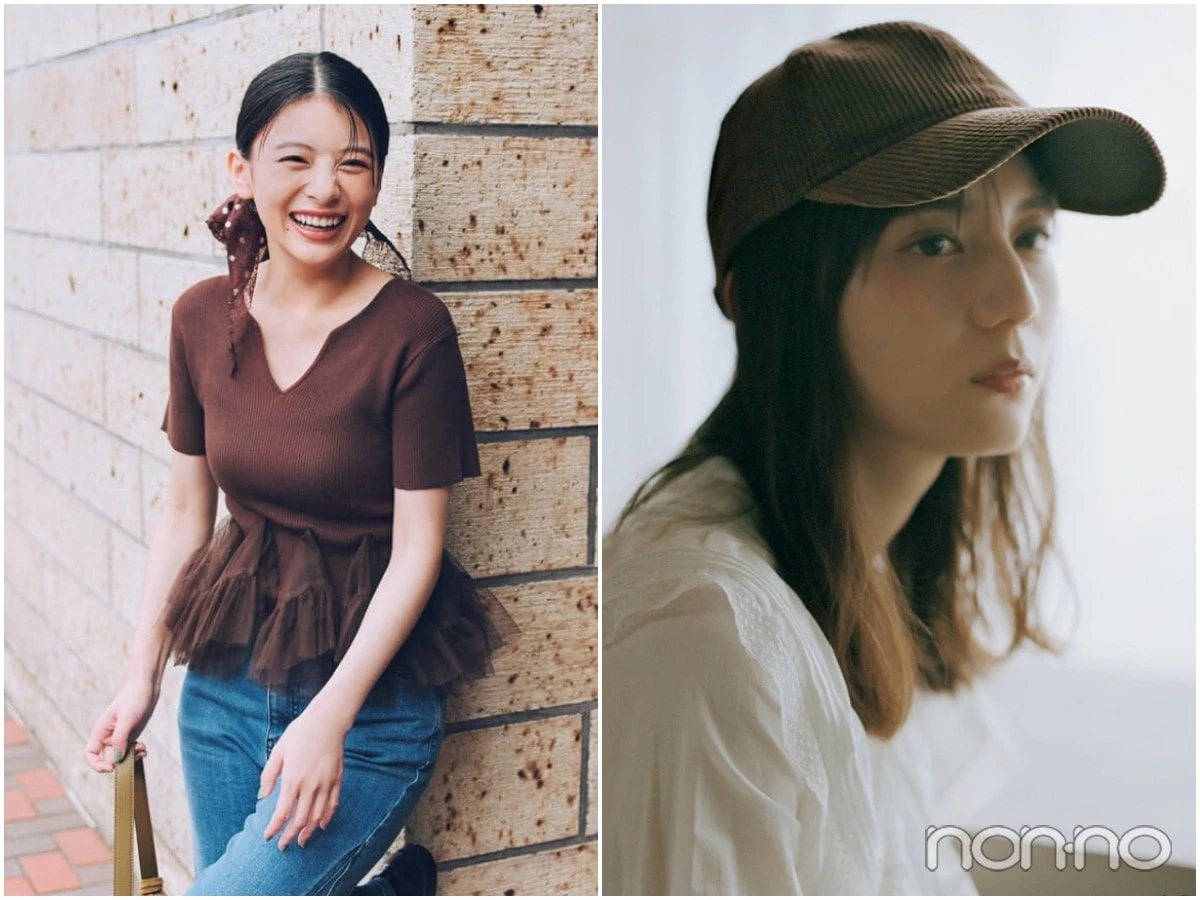 2026秋トレンドカラーのブラウンのトップスを着た女性とブラウンのキャップをかぶった女性