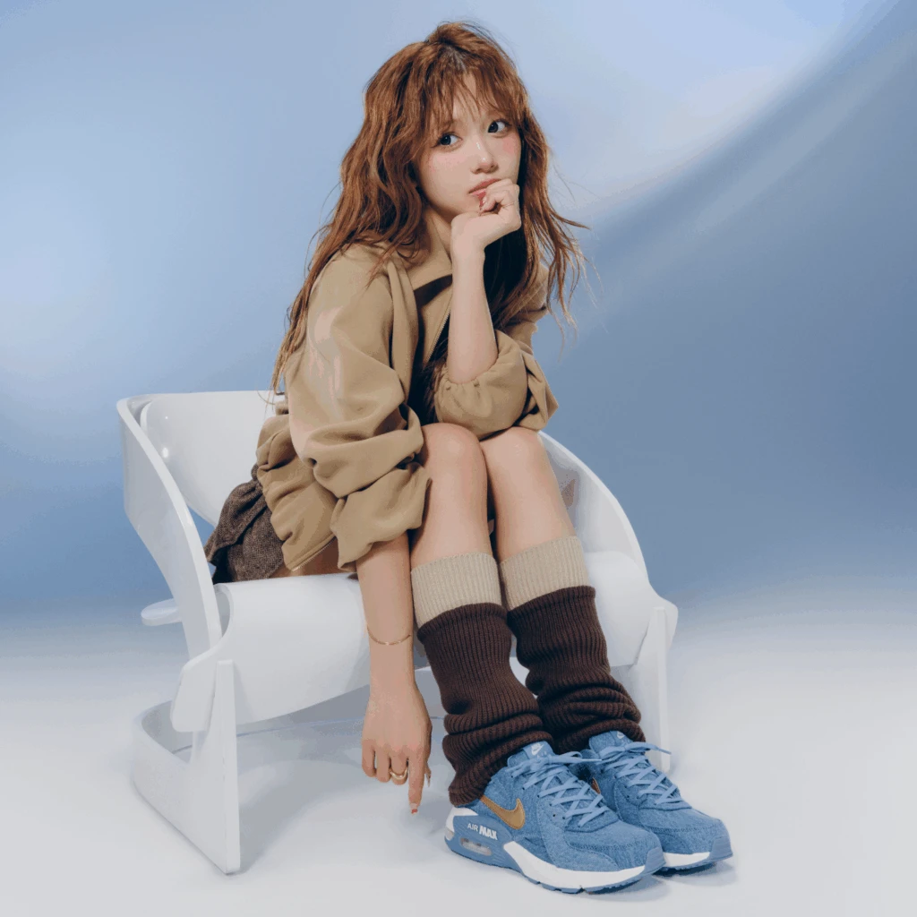 Nike Air Max Excee Denimにベージュのブルゾン×ティアードミニを合わせたボヘミアンムードのガーリースタイル