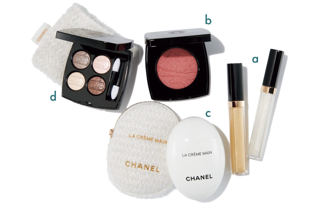 CHANEL【シャネル】のクリスマスコフレ2026
aルージュ ココ イドゥラ グロス (右)462・(左)464(各)¥5830
bジュ コントゥラスト アンタンス¥9350
cラ クレーム マン ホリデー¥13200
dレ キャトル オンブル 39¥13200