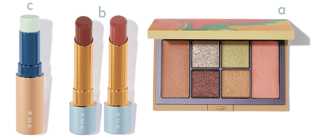 RMK【アールエムケー】a ブリーズ ブリス エスケープ アイズ ＆ ブラッシュ パレット￥8250
b ベルベットシーン リップカラー（右）EX-04・（左）EX-05（各）￥4400（ケースセット価格）
c ラディアントカラースティック EX-03￥3630