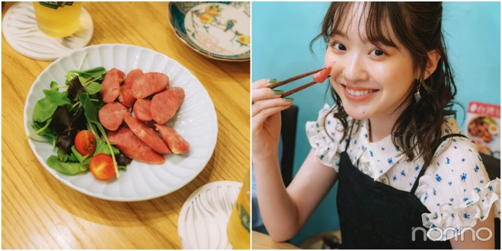 皿に載ったソーセージ、ソーセージをお箸でつまむ村上なずな