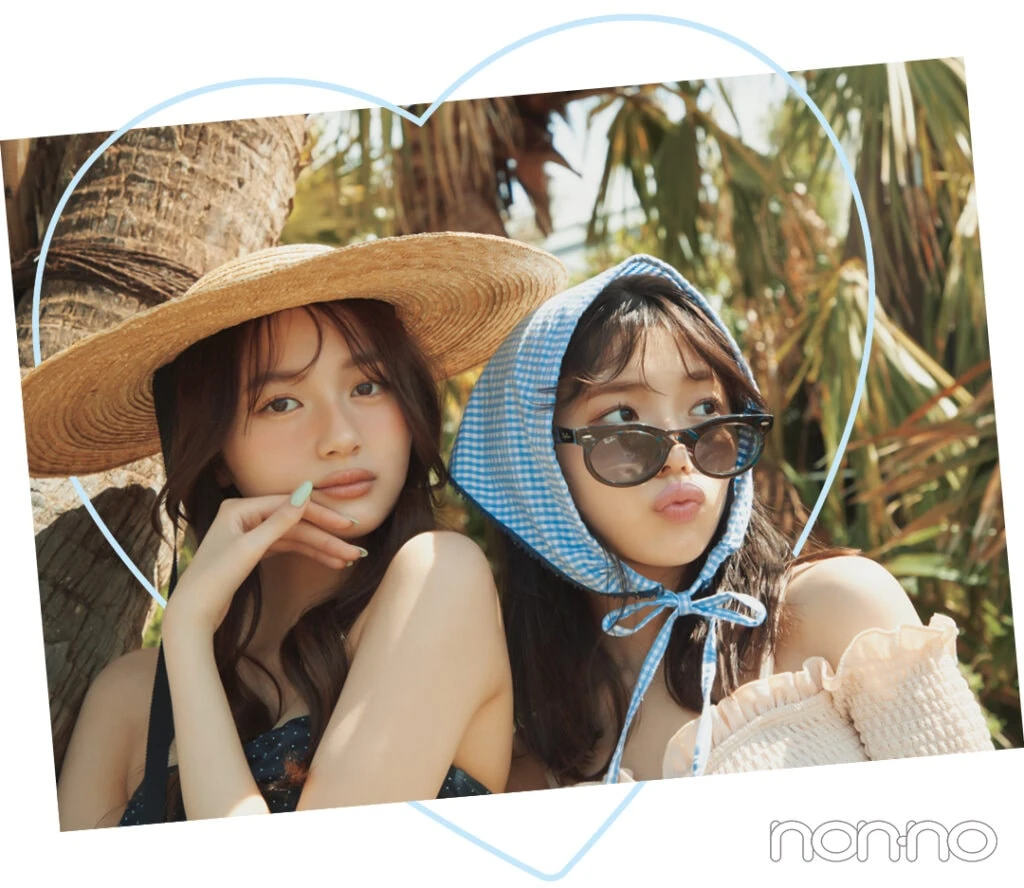 菊地姫奈と加藤栞の海辺カフェでの水着コーデ2