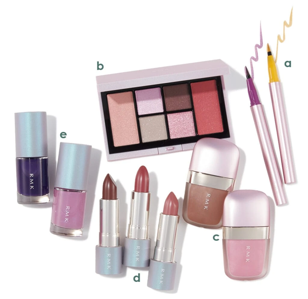 RMK
a RMK ザ ピンク ハイ リクイドアイライナー(右)01・(左)02(各)¥3300
b RMK ザ ピンク ハイ アイズ & ブラッシュ パレット¥8250
c RMK リクイドアイズ(右)EX-02・(左)EX-03(各)¥3850
d RMK ザ マット リップカラー(右から)EX-04、EX-05、EX-06(各)¥3850
e RMK ネイルラッカー(右)EX-20・(左)EX-21(各)¥2200