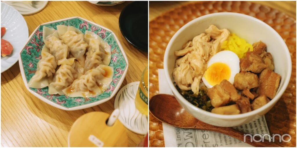 皿に載ったワンタン、丼に鶏肉と豚肉の角煮が載った料理
