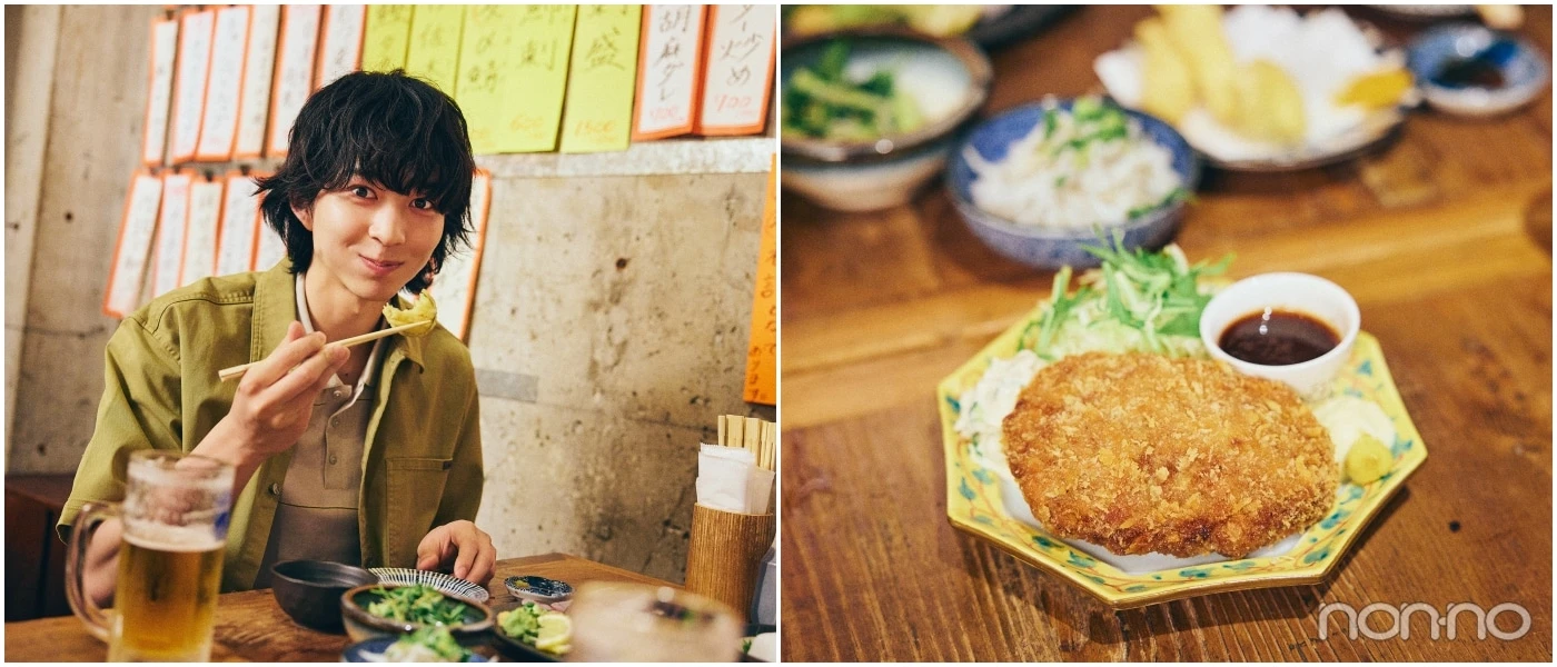 メンチカツを食べる鈴木仁と、さらにのった大きなメンチカツ