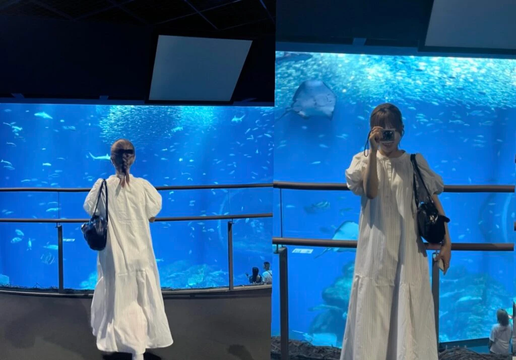 夏ワンピ　水族館コーデ　ストライプワンピ