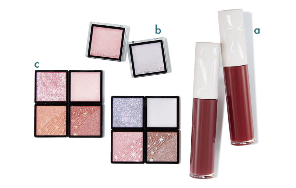 MAQuillAGE【マキアージュ】のクリスマスコフレ2026
aリップグロウボム(右)RD510・(左)RS510(各)¥3300
bカスタマイズアイカラー シングル(右)VI180・(左)PK180(各)¥1210
cカスタマイズアイカラー アソート(右)EX05・(左)EX06(各)¥4070