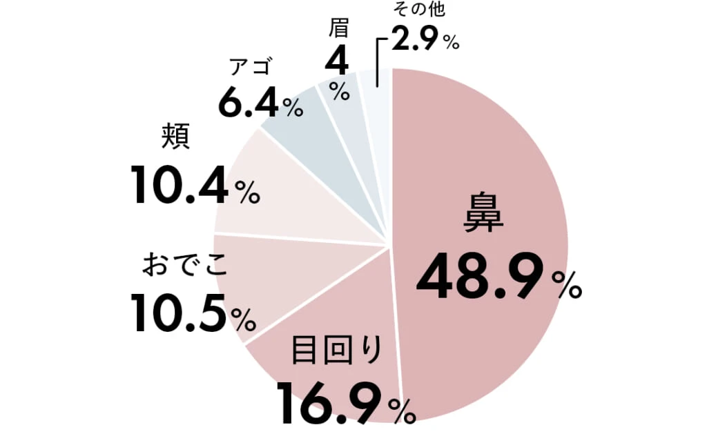 鼻48.9%
目回り16.9%
おでこ10.5%
頬10.4%
アゴ6.4%
眉4%
その他2.9%