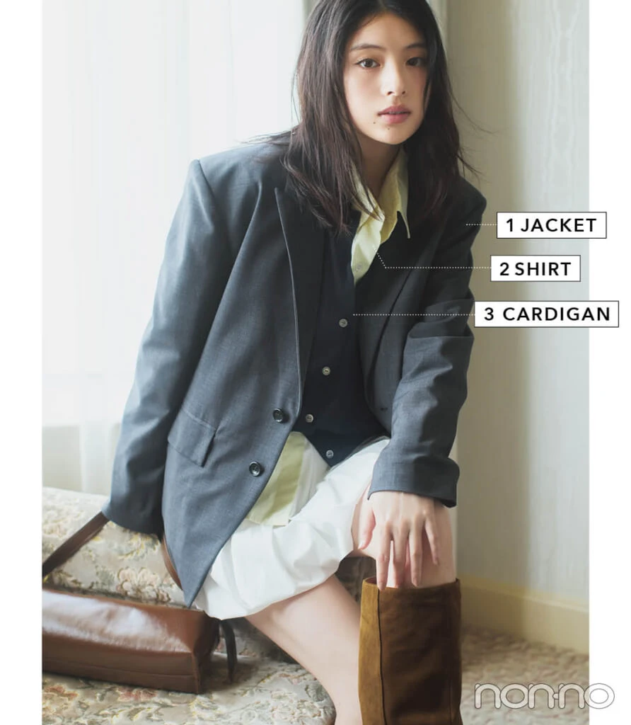 出口夏希のジャケットコーデモデルカット1-1
1 JACKET
2 SHIRT
3 CARDIGAN