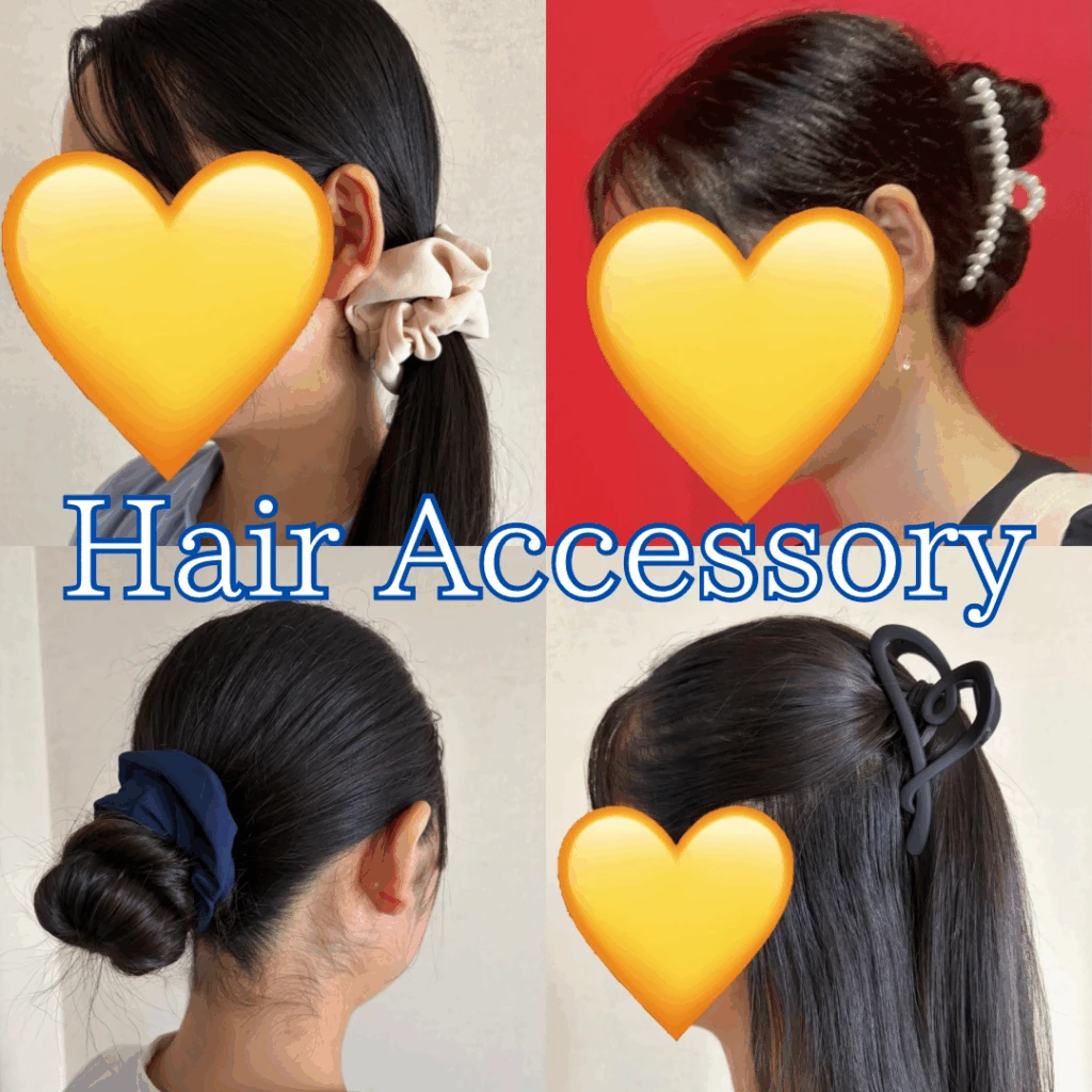 ヘアアクセサリーを紹介する記事のアイキャッチ画像。記事で紹介するアクセサリーをつけた写真が4つ写っている。