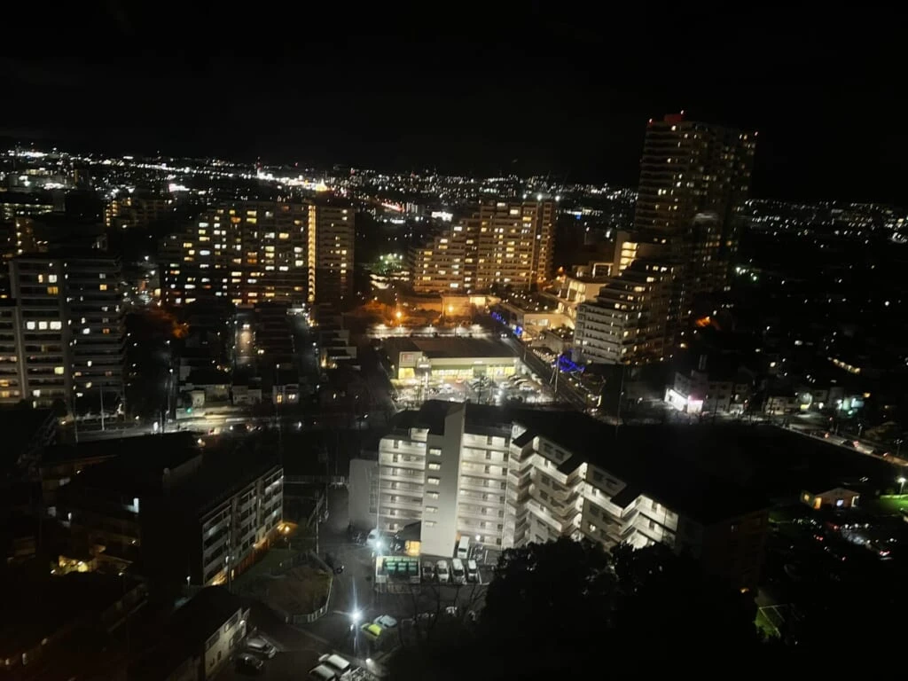 夜のひらパーの観覧車の景色。住宅街の光が輝いている。
