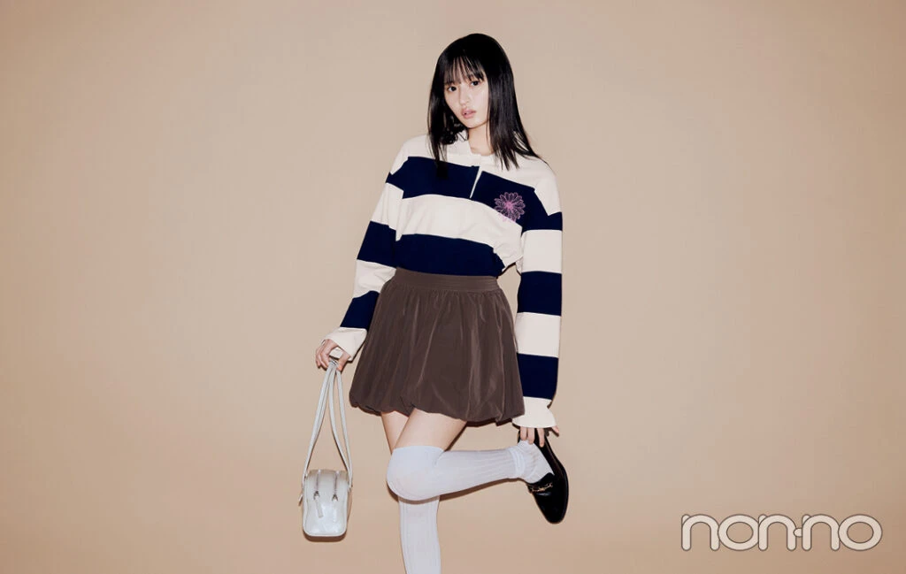 バルーンミニ×ラガーシャツの春コーデ