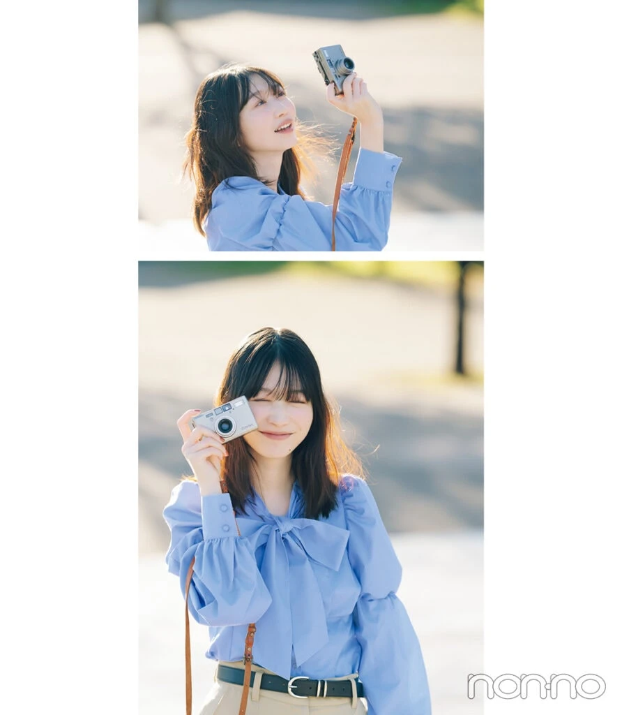岡本夏美がボウタイブラウスを冬→春着回し5