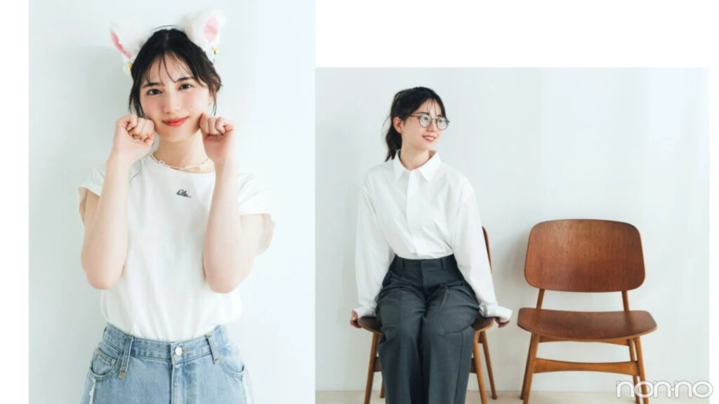 ネコ耳をつけた小坂菜緒・椅子に座っている小坂菜緒
