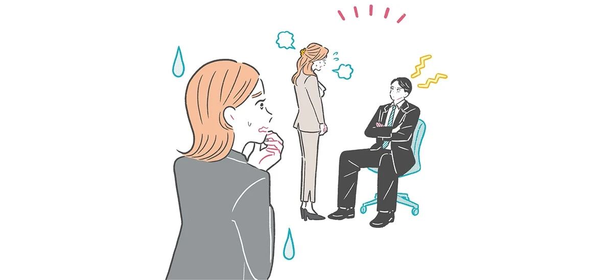 上司に対して緊張している女性とそれを見て不安そうにしているインターン生のイラスト
