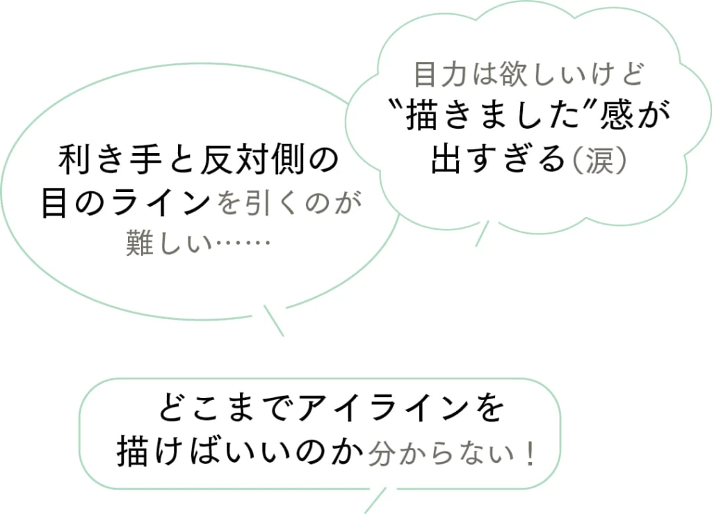 アイラインについてのお悩みは？目力は欲しいけど＂描きました＂感が出すぎる（涙）
利き手と反対側の目のラインを引くのが難しい……
どこまでアイラインを描けばいいのか分からない！