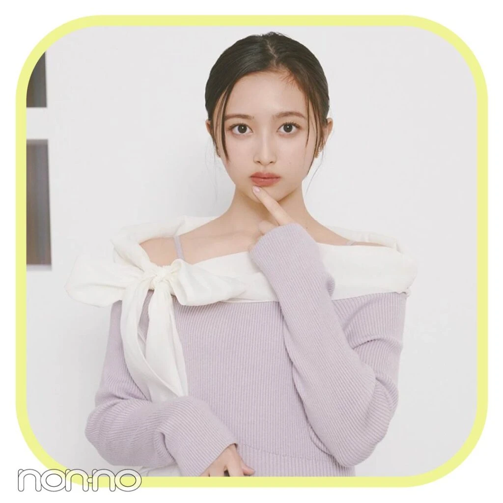 井上和のボリュームリボンニットワンピコーデ