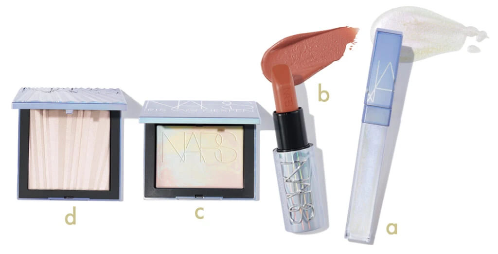 NARS【ナーズ】a グリーム アフターグロー リップシャイン 271A¥4180 b エクスプリシット リップスティック 829A¥5280 c ライトリフレクティング プリズマティックパウダー 05082¥6380 d オーラ イルミネイティング フェイス & ボディパウダー 05098¥8140