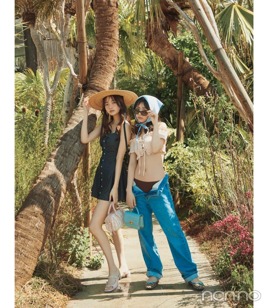 菊地姫奈と加藤栞の服見え水着コーデ