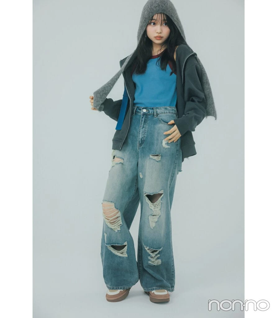 林芽亜里のGRLのダメージカットデニムコーデ