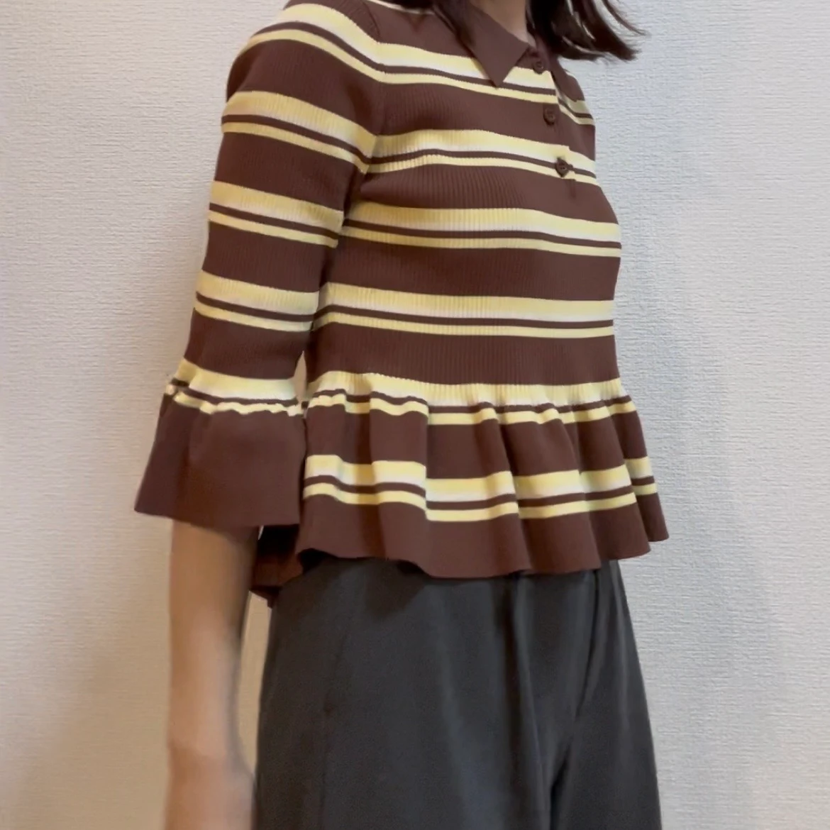 GU×rokh(ロク)ボーダーリブポロセーター(7分袖) 着用画像