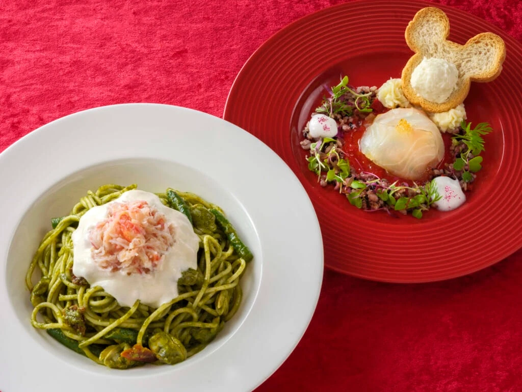 ジェノベーゼパスタと前菜のセットメニュー、ディズニーランドのクリスマスレストランメニュー
