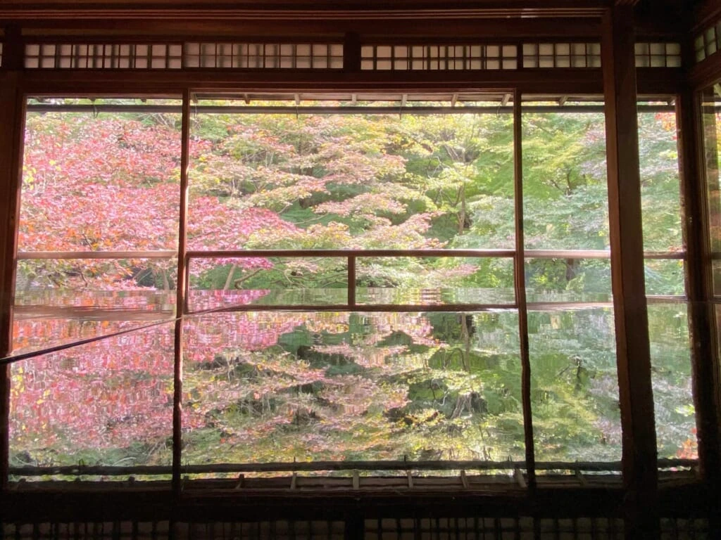 瑠璃光院の書経机に反射する紅葉