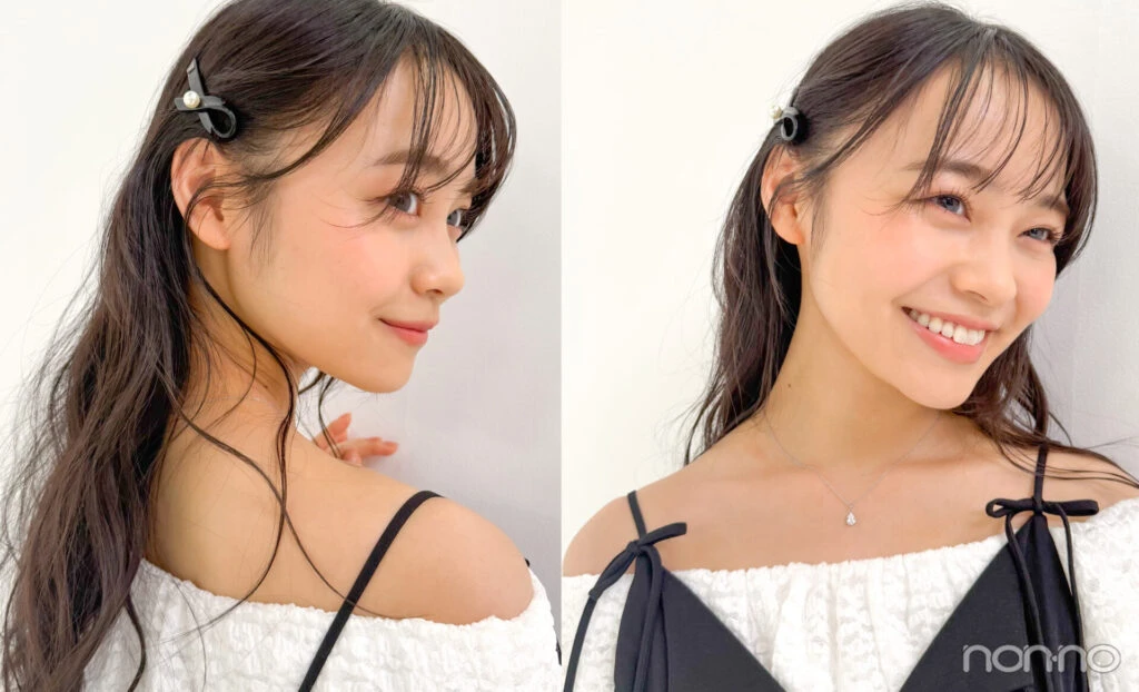 バレッタとネックレスを付けた林芽亜里