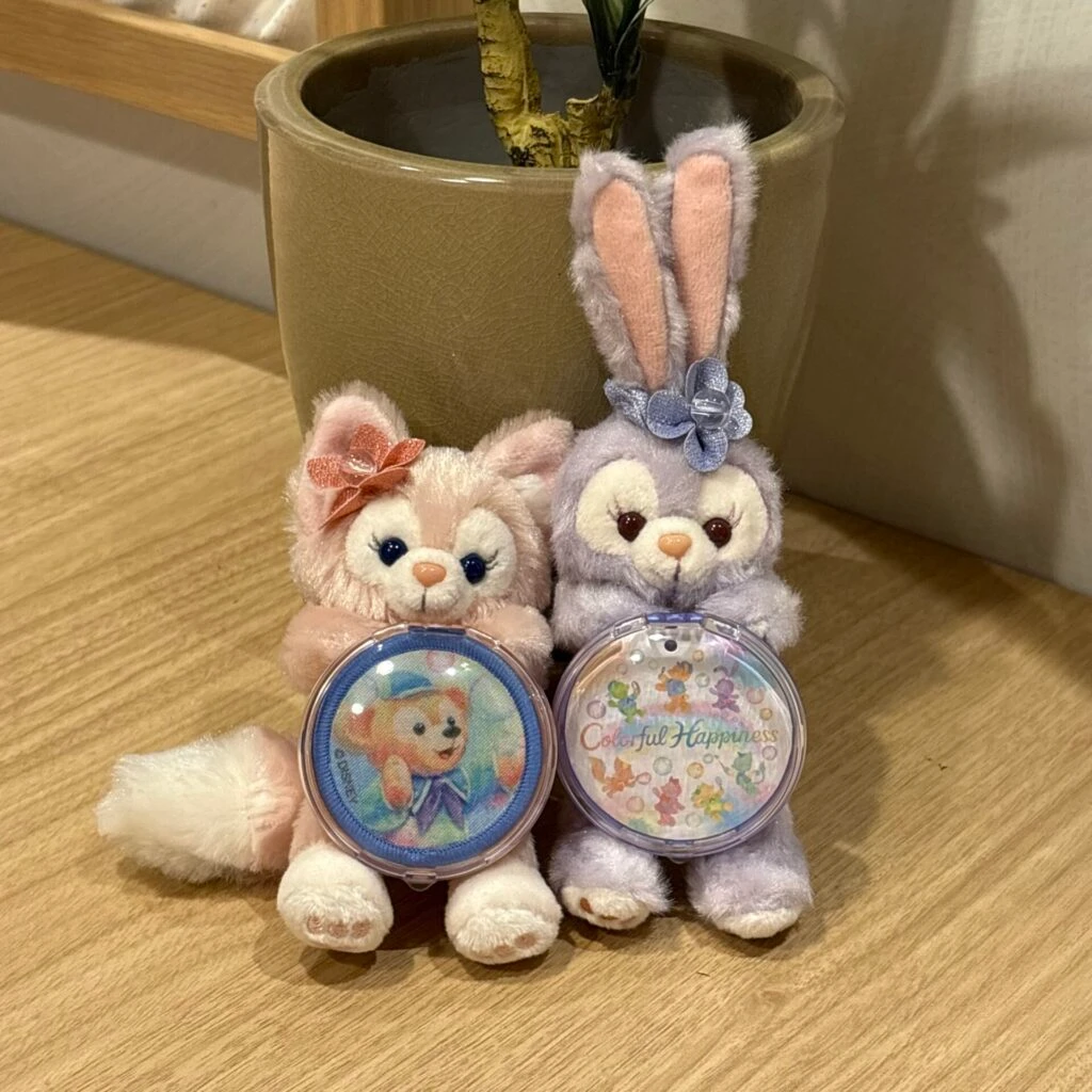 ぬいぐるみチャーム(カラフルハピネス)のカプセル部分に別売りのワッペンと本商品のタグをそれぞれ入れた写真