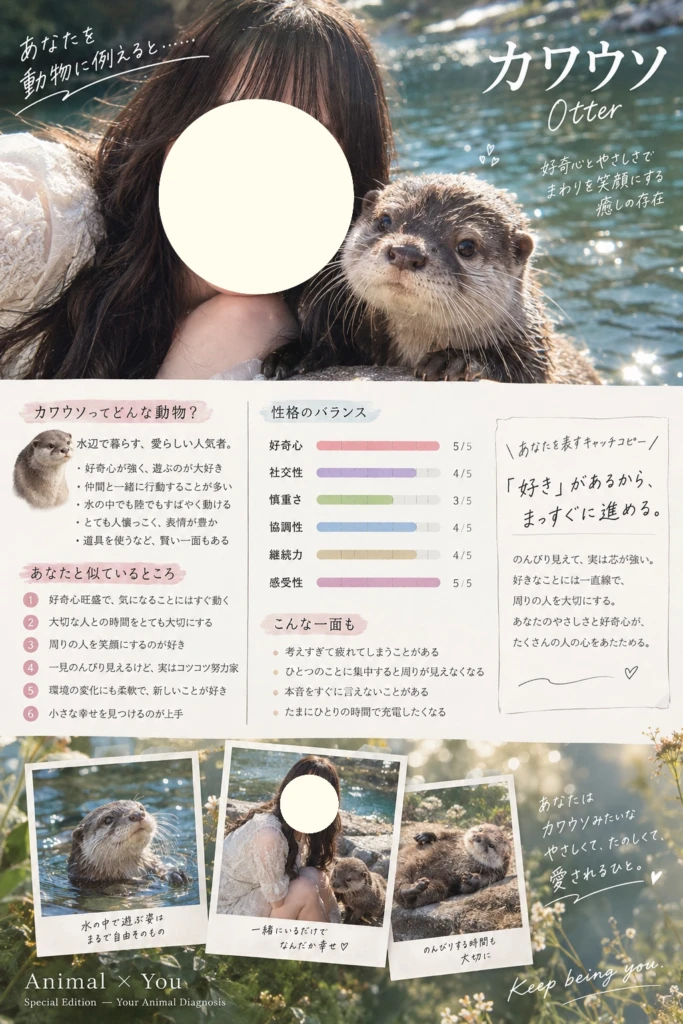 ChatGPT動物診断
私の結果は、カワウソ!!
