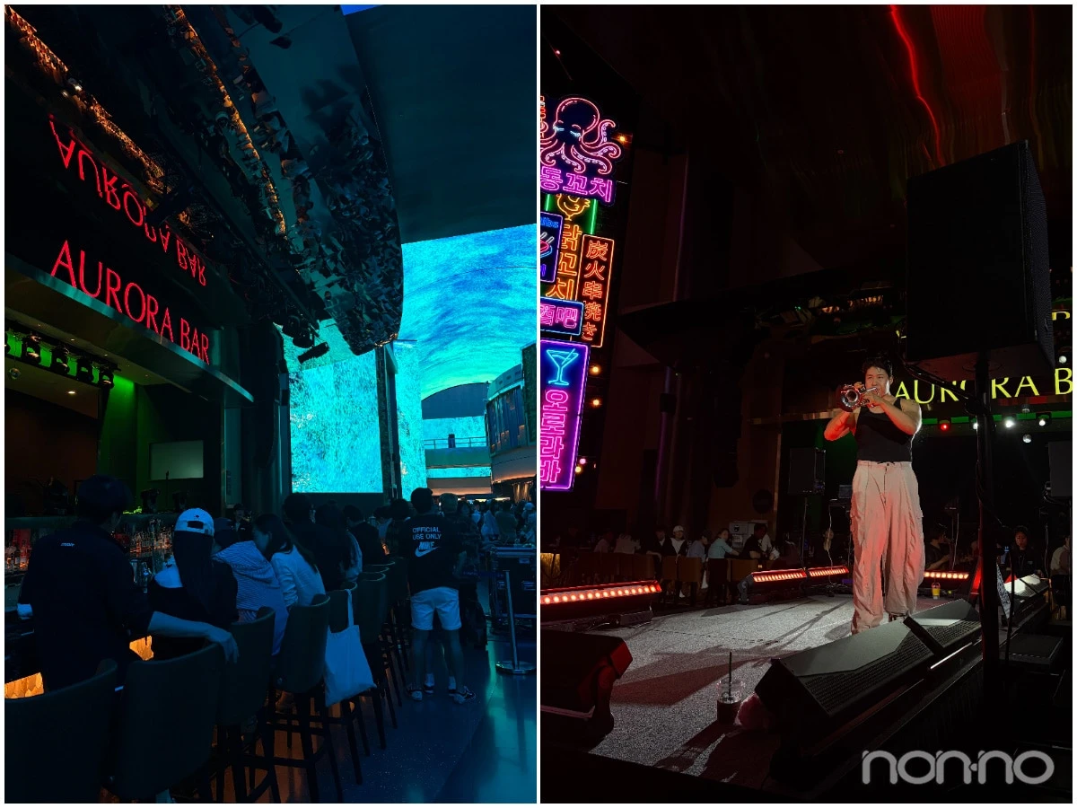 夏限定の韓国夜市オーロラマーケットのステージパフォーマンスとオーロラバー