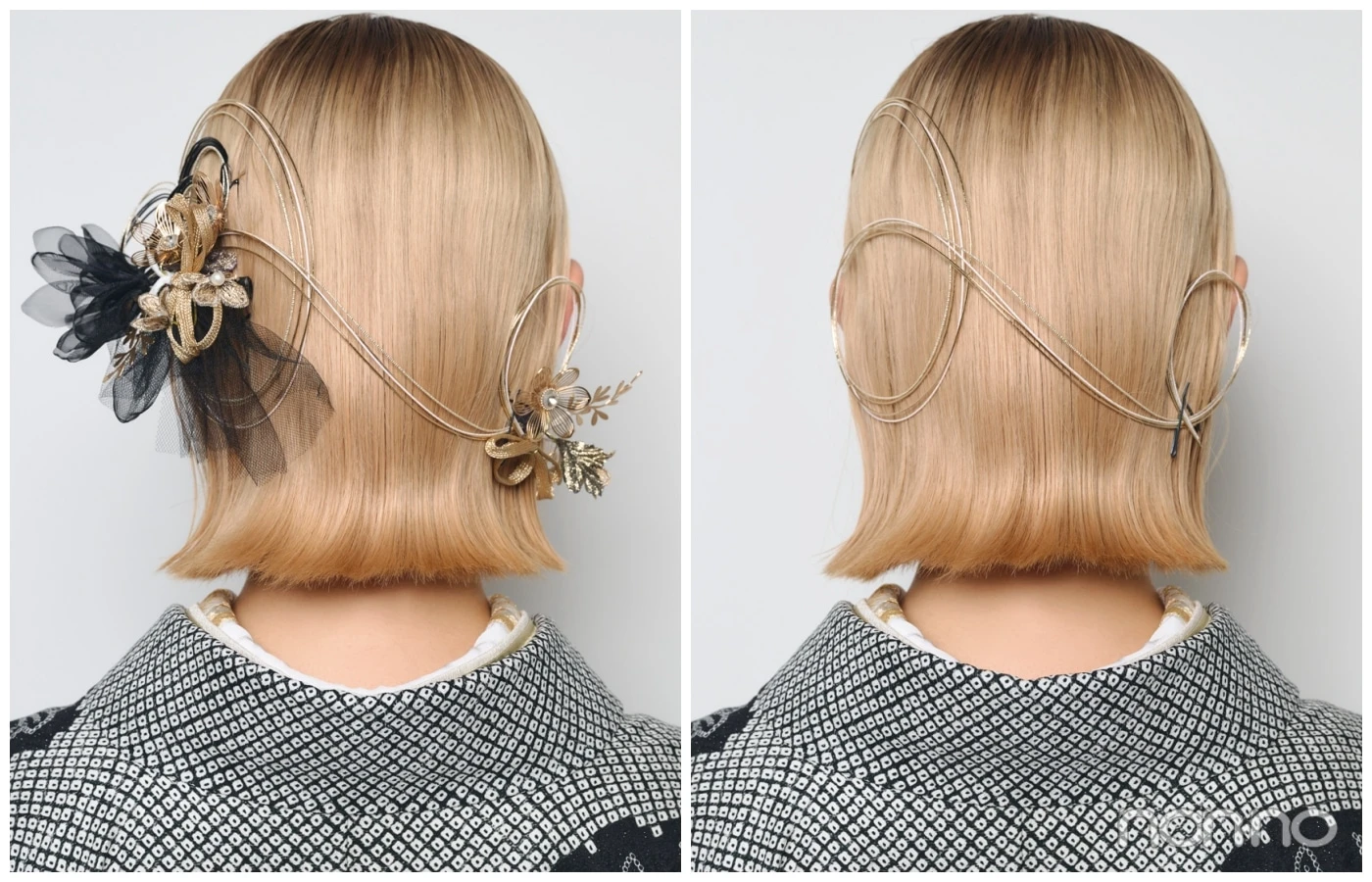 タイトな外ハネヘアに黒いヘア飾りを片側につけた後ろ姿　ボブの成人式ヘアスタイル