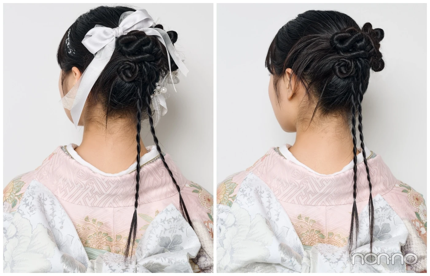 細い三つ編みを垂らし、高い位置にシニョンにまとめたヘアの後ろ姿　成人式ロングヘアアレンジ　