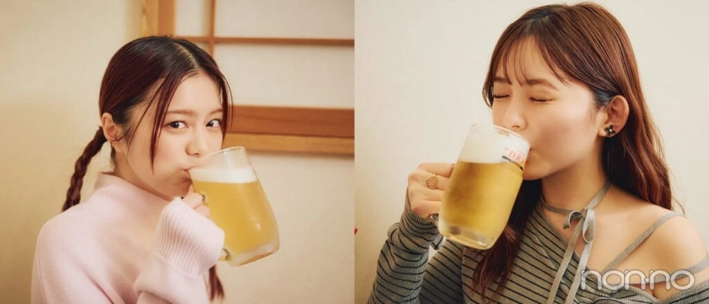 ビールを飲む久間田琳加と紺野彩夏