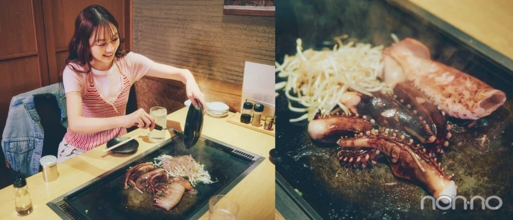 鉄板でイカを焼く佐藤和奏と鉄板に乗ったイカのアップ