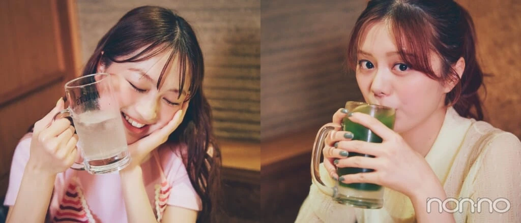 お酒を飲む紺野彩夏と佐藤和奏のアップ