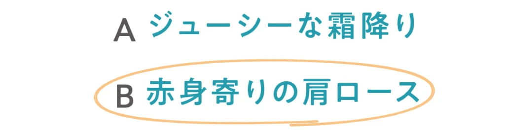 Aジューシーな霜降り
◯B赤身寄りの肩ロース