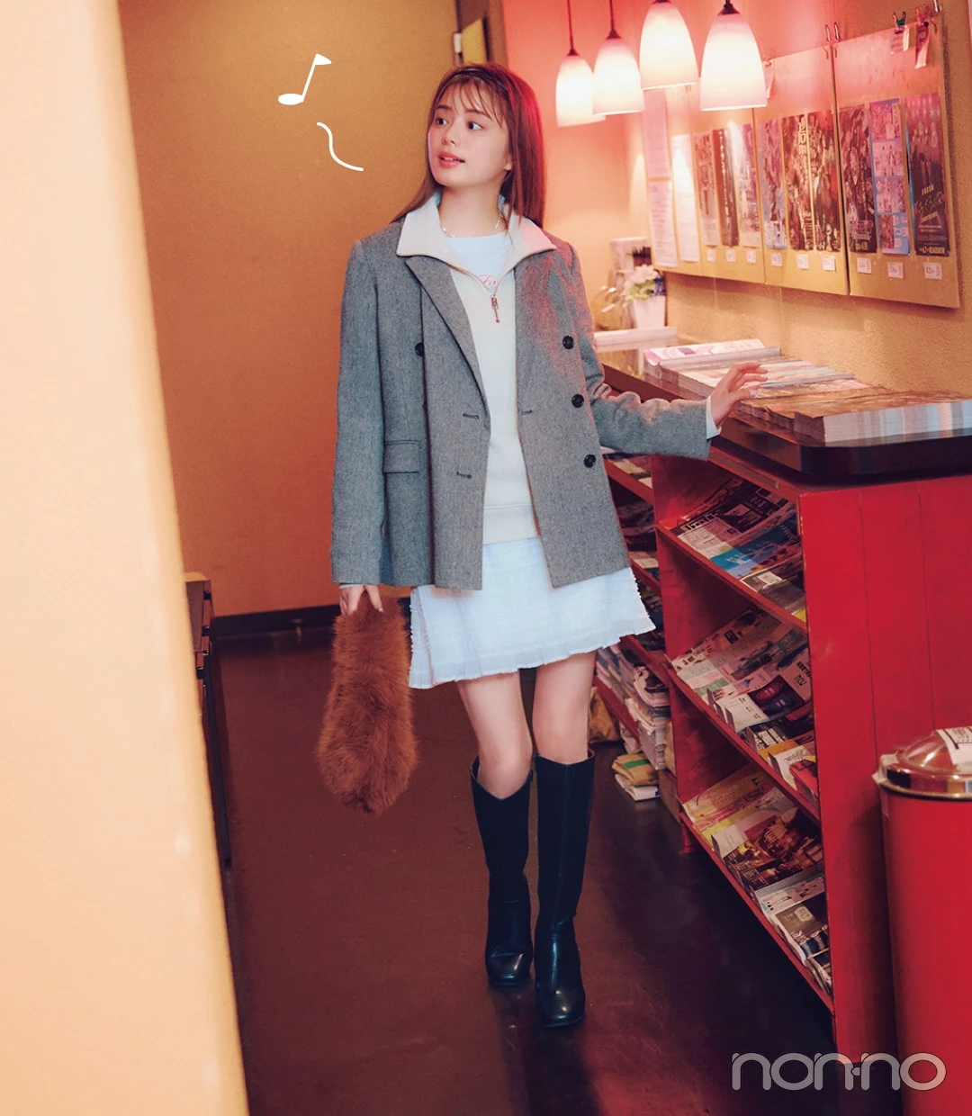 冬のジャケット×ロングブーツ×ミニスカの韓国風コーデ