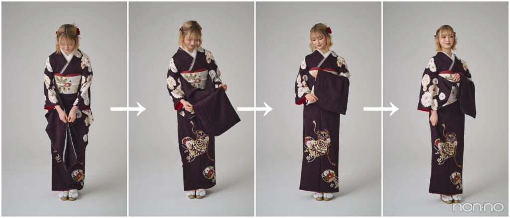 ブラウンの振袖を着た小宮山莉渚、振袖の袖を揃え、折りたたみ片手にかけて歩く動作