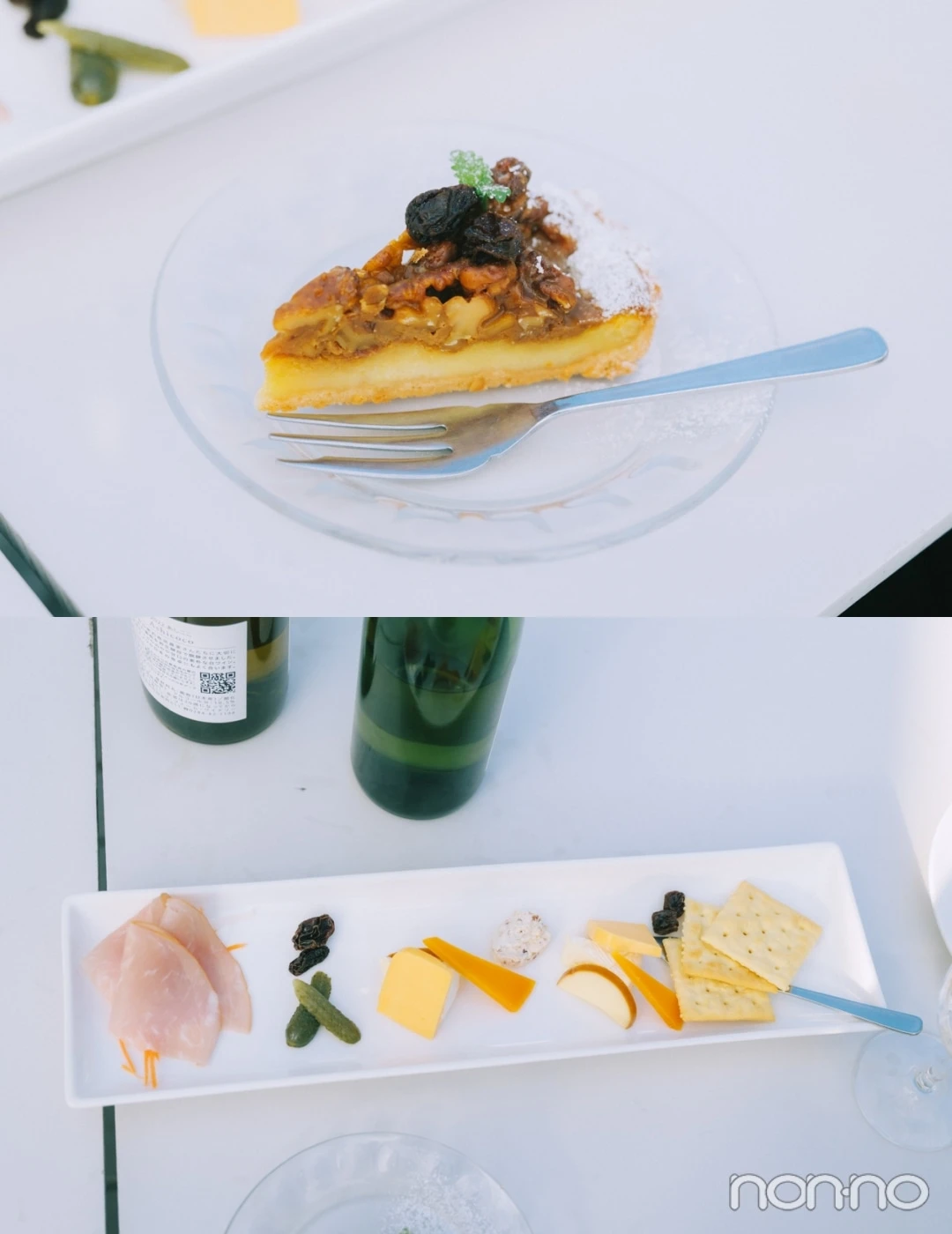 ナッツの載ったタルトとチーズや生ハムの盛り合わせ