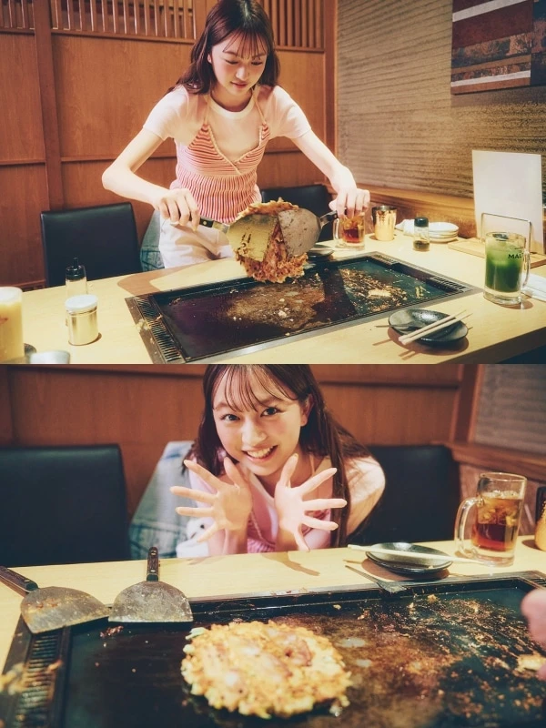 お好み焼きをひっくり返す佐藤和奏