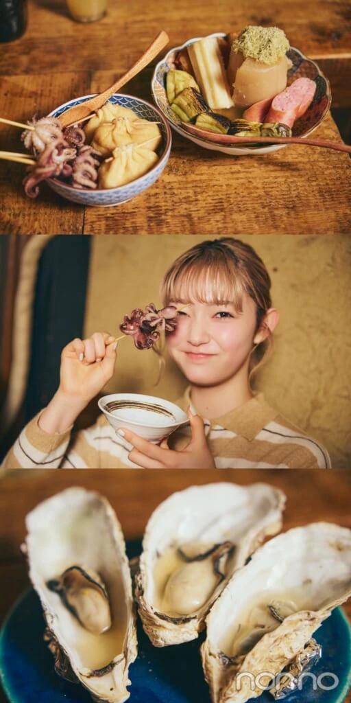 たこのおでんを持つ小宮山莉渚