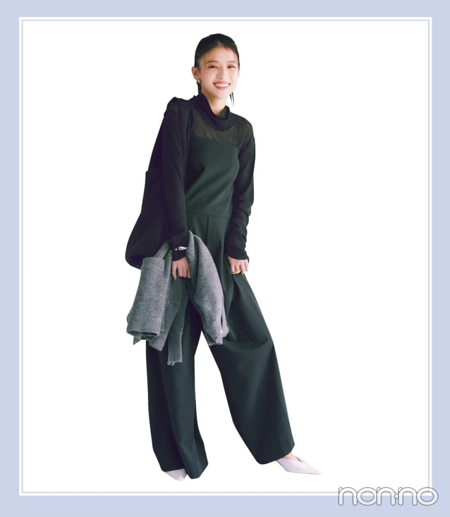 シアーハイネック×ベアオールインワンの冬コーデ