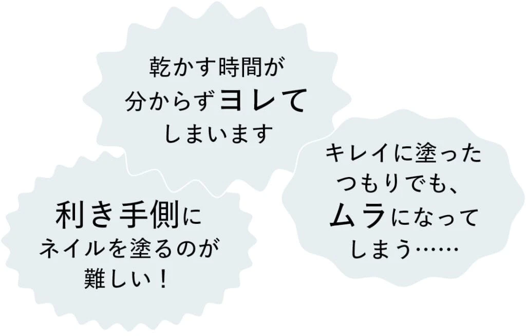 乾かす時間が分からずヨレてしまいます
キレイに塗ったつもりでも、ムラになってしまう……
利き手側にネイルを塗るのが難しい！